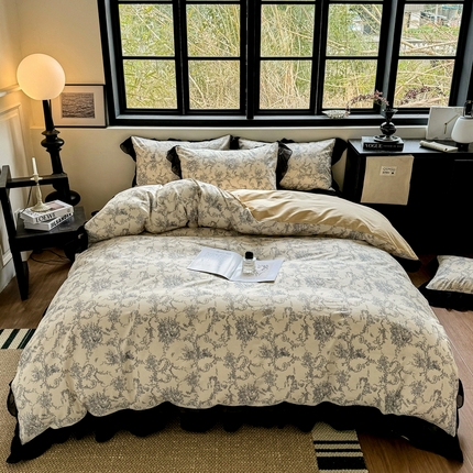 宅家居 2025新款爆款轻法式赫本风复古印花13372纯棉四件套韩式黑色花边40支全棉三件套 醉颜