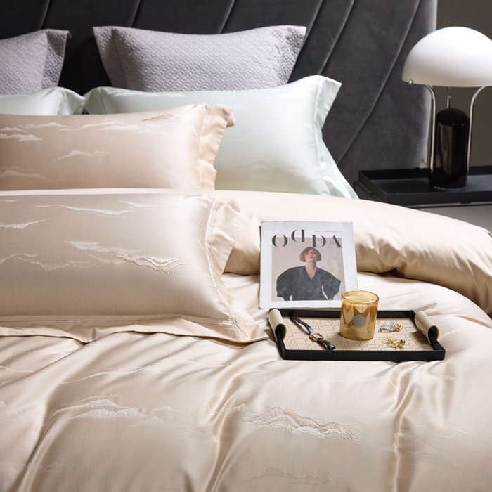 91家纺网 家纺一手货源 找家纺 榻尚家居 2025新款天丝棉提花加绣花工艺款床品四件套-山岚夏梦 山岚夏梦  香槟金