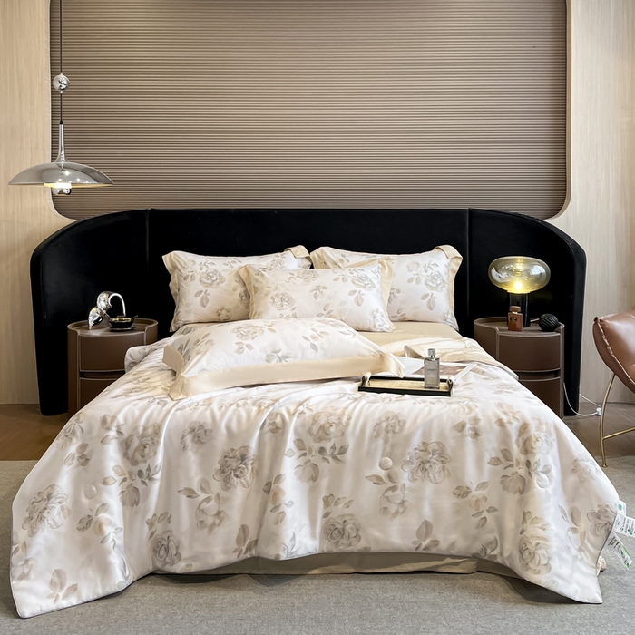 91家纺网 家纺一手货源 找家纺 2025春夏新款简奢款嵌绳莱赛尔数码印花夏被四件套单夏被床笠床单款 蔓艺