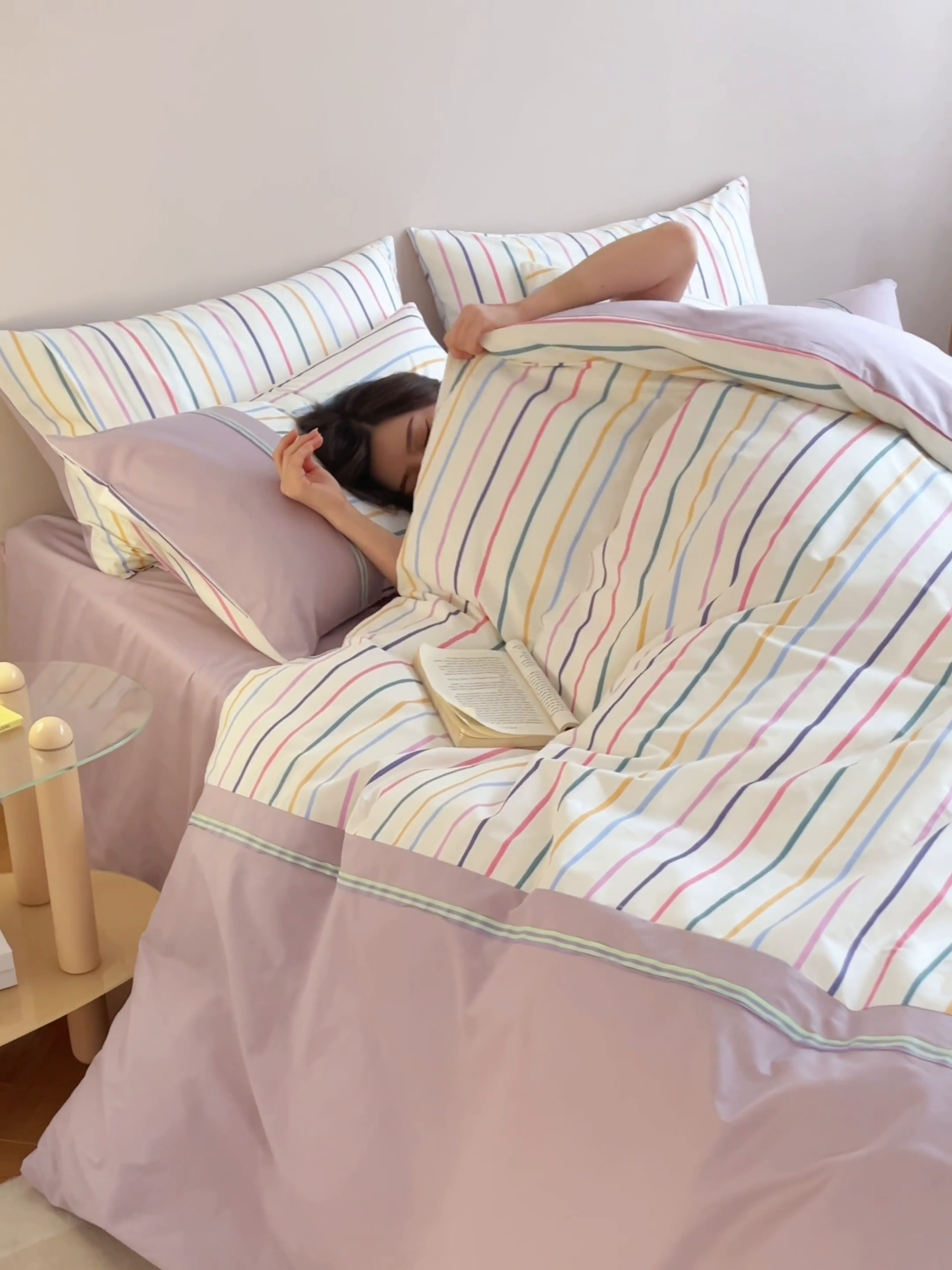 91家纺网 家纺一手货源 找家纺 安莱生活 2025新款全棉日式侘寂风条格系列四件套 浅叙