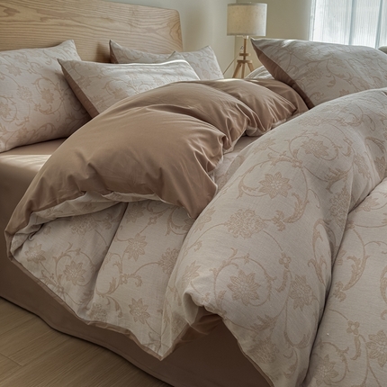 莱茵家居 2025春夏新款A类三层纱色织提花全棉四件套 花蔓咖