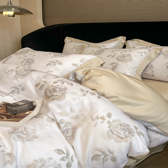 91家纺网 家纺一手货源 找家纺 2025春夏新款简奢款嵌绳莱赛尔数码印花四件套单夏被床笠床单款 蔓艺 