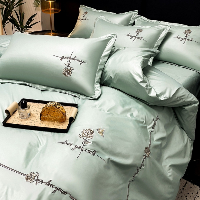 91家纺网 家纺一手货源 找家纺 2025春夏新款春夏新品水洗天丝棉轻奢刺绣四件套-芸伊 绿