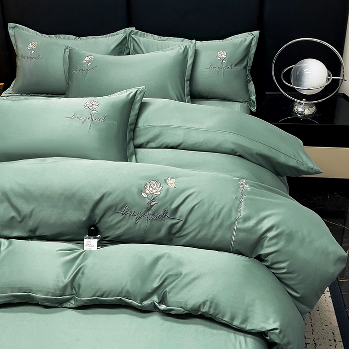 91家纺网 家纺一手货源 找家纺 2025春夏新款春夏新品水洗天丝棉轻奢刺绣四件套-芸伊 宝绿