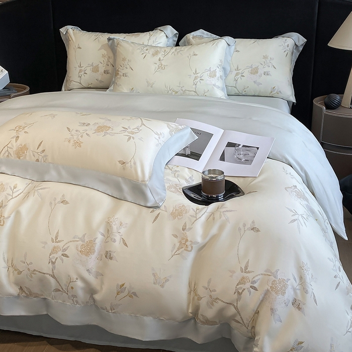 91家纺网 家纺一手货源 找家纺 2025春夏新款简奢款嵌绳莱赛尔数码印花四件套单夏被床笠床单款 妍艺 黄