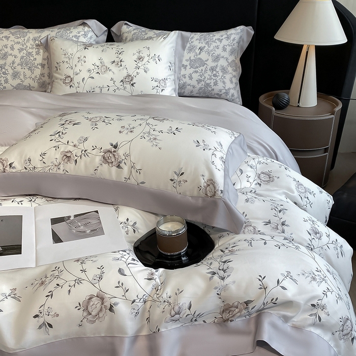 91家纺网 家纺一手货源 找家纺 2025春夏新款简奢款嵌绳莱赛尔数码印花四件套单夏被床笠床单款 情依