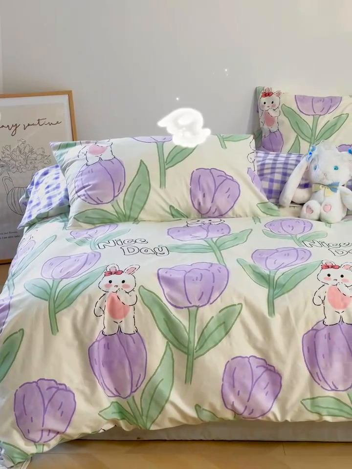 91家纺网 家纺一手货源 找家纺 2025春夏新款全棉小清新卡通碎花学生季三件套四件套 知语