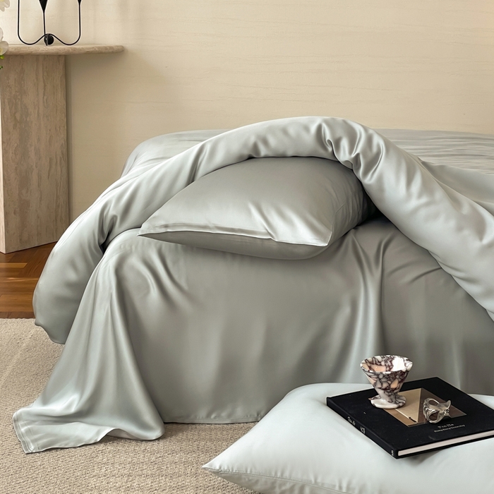 91家纺网 家纺一手货源 找家纺 沐晴家纺 2025春夏新款纯色兰精天丝四件套双拼单被套单床笠床单枕套云纱灰