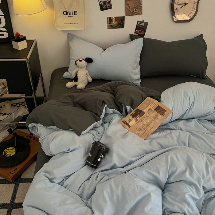 91家纺网 家纺一手货源 找家纺 耀达家居 2025新款纯色A类水洗棉双拼四件套 海盐蓝灰