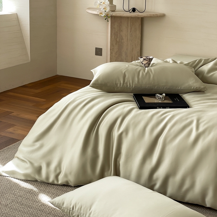 91家纺网 家纺一手货源 找家纺 沐晴家纺 2025春夏新款纯色兰精天丝四件套双拼单被套单床笠床单枕套烟轻绿