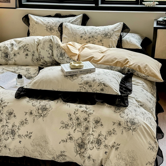 91家纺网 家纺一手货源 找家纺 宅家居 2025新款爆款轻法式赫本风复古印花13372纯棉四件套韩式黑色花边40支全棉三件套 米娅