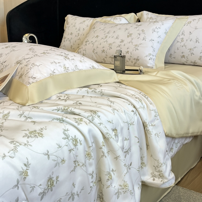 91家纺网 家纺一手货源 找家纺 2025春夏新款简奢款嵌绳莱赛尔数码印花夏被四件套单夏被床笠床单款 云芷