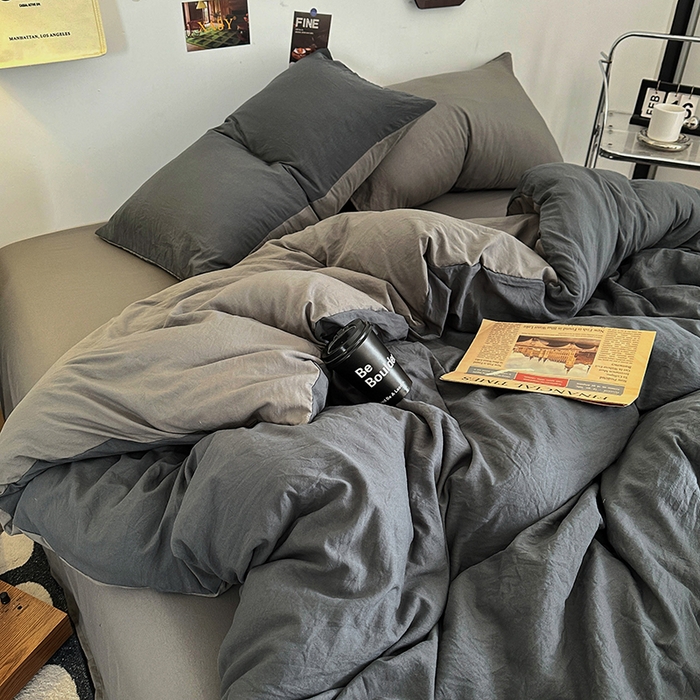 91家纺网 家纺一手货源 找家纺 耀达家居 2025新款纯色A类水洗棉双拼四件套 经典灰