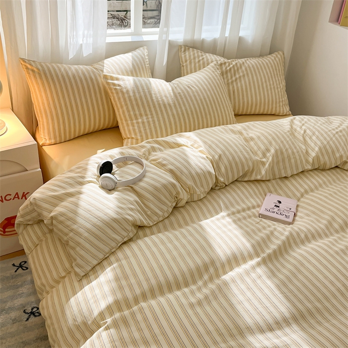 91家纺网 家纺一手货源 找家纺 盛秋家纺 2025新款亲肤格子水洗棉条纹格子四件套【简约风】芝士条纹+云初黄