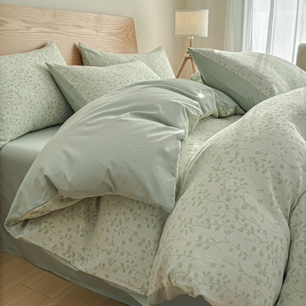 莱茵家居 2025春夏新款A类三层纱色织提花全棉四件套 春笙奶绿
