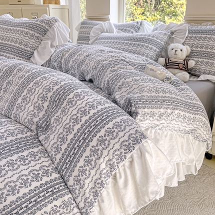 慕希2025新款有氧针织棉双层纱韩版提花大花边公主风印花四件套 兰亭序