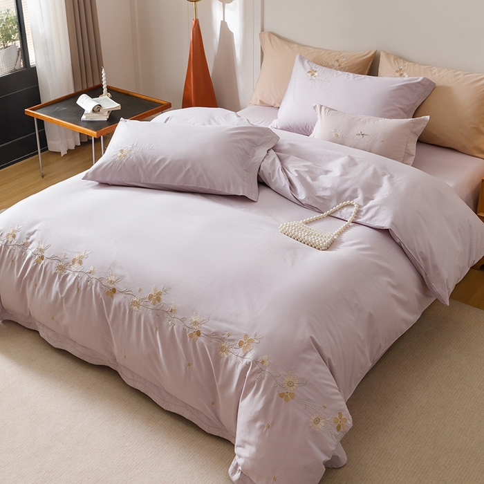 91家纺网 家纺一手货源 找家纺 艾莱家纺 2025新款A类水洗棉加厚绣花四件套-栀夏 栀夏-青叶紫