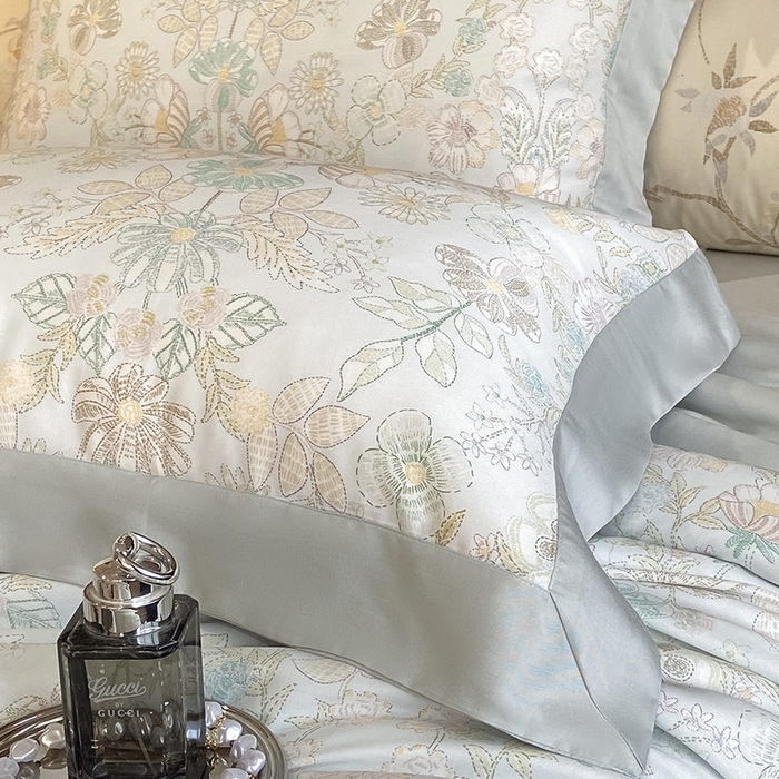 91家纺网 家纺一手货源 找家纺 2025春夏新款简奢款嵌绳莱赛尔数码印花夏被四件套单夏被床笠床单款 素瑾 绿