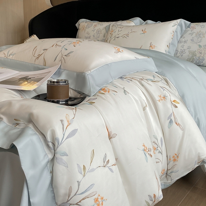 91家纺网 家纺一手货源 找家纺 2025春夏新款简奢款嵌绳莱赛尔数码印花四件套单夏被床笠床单款 清雅 