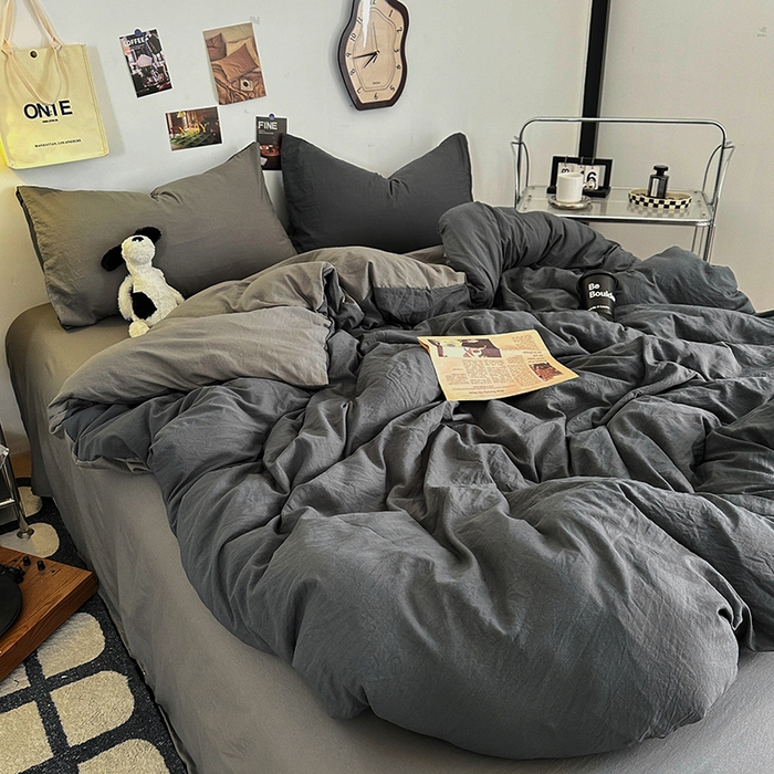 91家纺网 家纺一手货源 找家纺 耀达家居 2025新款纯色A类水洗棉双拼四件套 经典灰