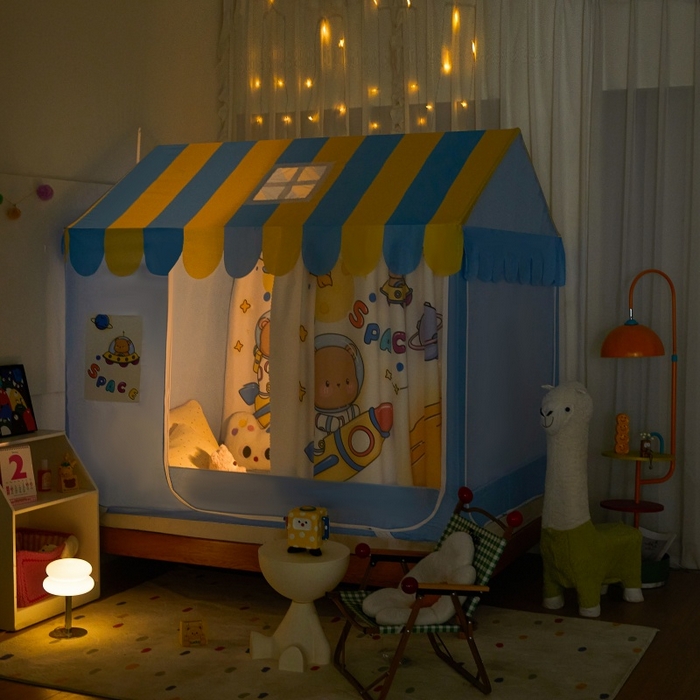 91家纺网 家纺一手货源 找家纺 卓尔居2025新款儿童小房子坐床式防摔蚊帐螺纹碳素钢支架梦幻 梦幻星屋-蓝