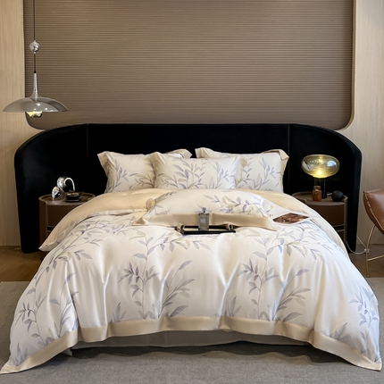 2025春夏新款简奢款嵌绳莱赛尔数码印花四件套单夏被床笠床单款 春晓雨梦