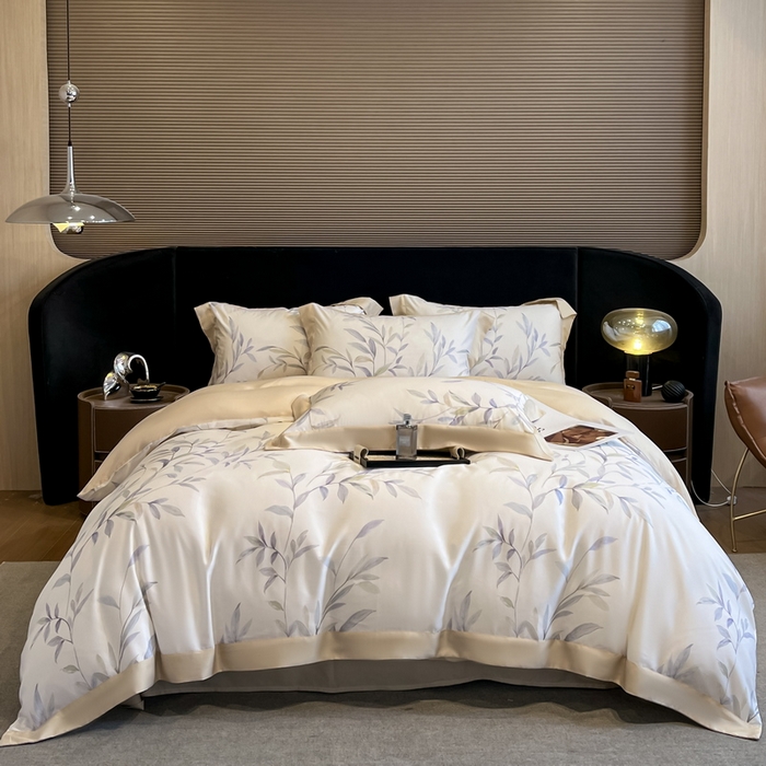 91家纺网 家纺一手货源 找家纺 2025春夏新款简奢款嵌绳莱赛尔数码印花四件套单夏被床笠床单款 春晓雨梦