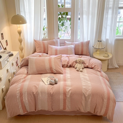 莱茵家居 2025春夏新款A类色织华夫格提花全棉四件套 落雨-粉白条