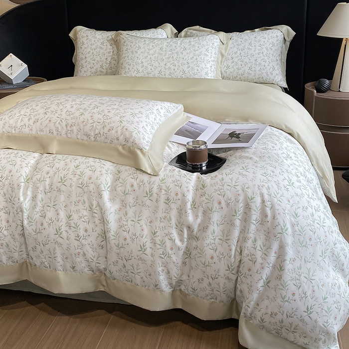 91家纺网 家纺一手货源 找家纺 2025春夏新款简奢款嵌绳莱赛尔数码印花四件套单夏被床笠床单款 漫语佳人 米