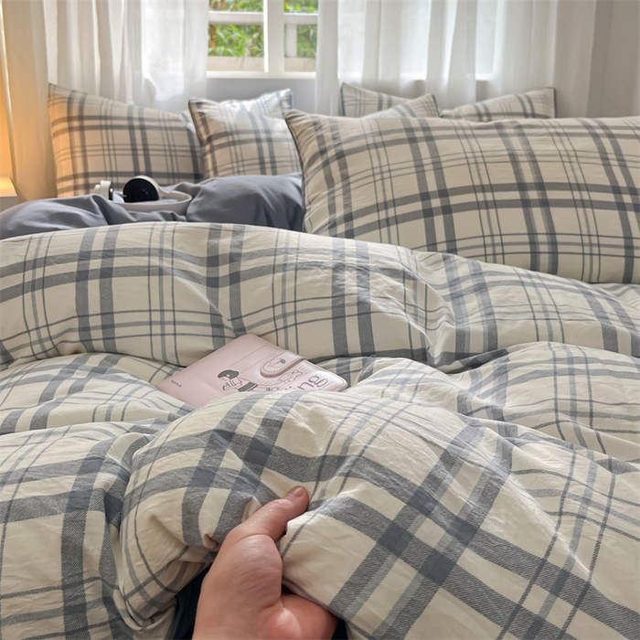 91家纺网 家纺一手货源 找家纺 盛秋家纺 2025新款亲肤格子水洗棉条纹格子四件套【简约风】蓝调+海清