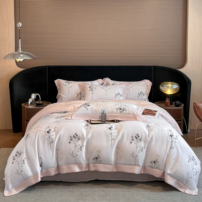 91家纺网 家纺一手货源 找家纺 2025春夏新款简奢款嵌绳莱赛尔数码印花四件套单夏被床笠床单款 浮光落影