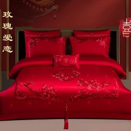 美娘阁 2025新款A版长绒棉提花B版长绒棉刺绣婚庆多件套玫瑰爱恋