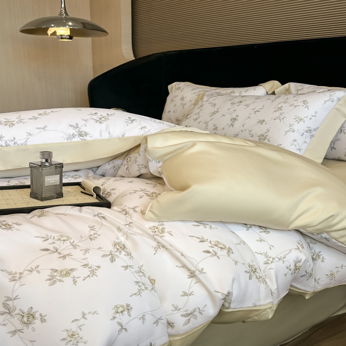 91家纺网 家纺一手货源 找家纺 2025春夏新款简奢款嵌绳莱赛尔数码印花四件套单夏被床笠床单款 云芷