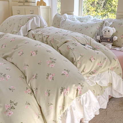 91家纺网 家纺一手货源 找家纺 （总）慕希2025新款有氧针织棉双层纱韩版提花大花边公主风印花四件套