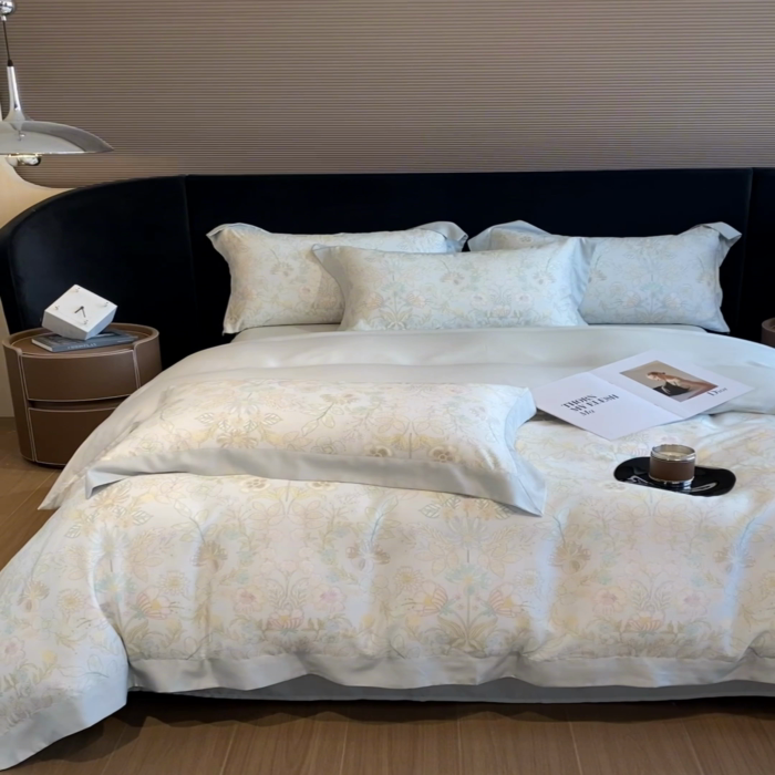 91家纺网 家纺一手货源 找家纺 2025春夏新款简奢款嵌绳莱赛尔数码印花四件套单夏被床笠床单款 素瑾 绿