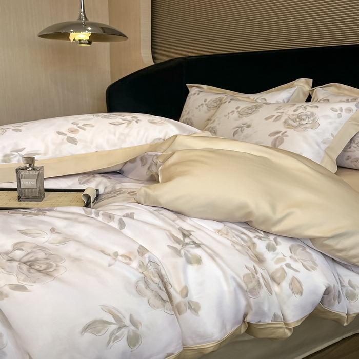 91家纺网 家纺一手货源 找家纺 2025春夏新款简奢款嵌绳莱赛尔数码印花四件套单夏被床笠床单款 蔓艺 