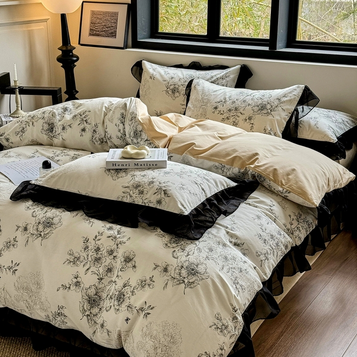 91家纺网 家纺一手货源 找家纺 宅家居 2025新款爆款轻法式赫本风复古印花13372纯棉四件套韩式黑色花边40支全棉三件套 米娅