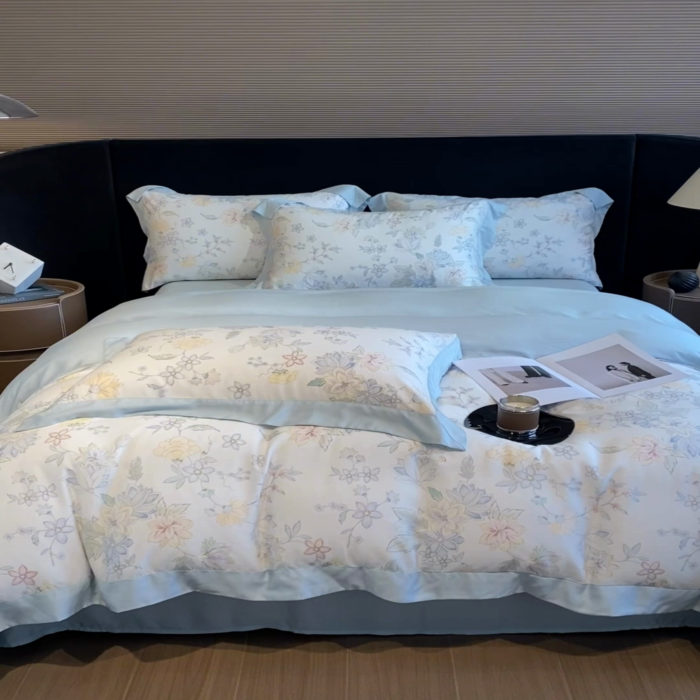 91家纺网 家纺一手货源 找家纺 （总）2025春夏新款简奢款嵌绳莱赛尔数码印花四件套单夏被床笠床单款