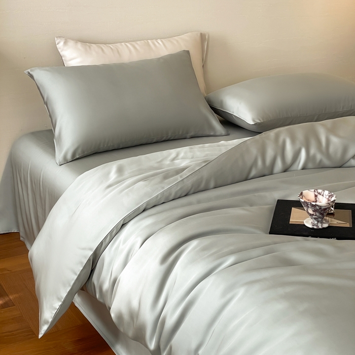 91家纺网 家纺一手货源 找家纺 沐晴家纺 2025春夏新款纯色兰精天丝四件套双拼单被套单床笠床单枕套云纱灰