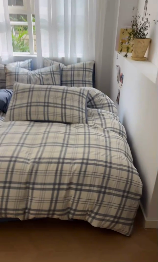 91家纺网 家纺一手货源 找家纺 盛秋家纺 2025新款亲肤格子水洗棉条纹格子四件套【简约风】蓝调+海清