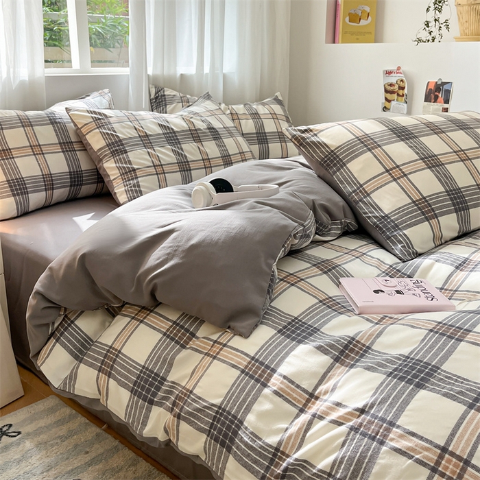 91家纺网 家纺一手货源 找家纺 盛秋家纺 2025新款亲肤格子水洗棉条纹格子四件套【简约风】瑞克+中灰