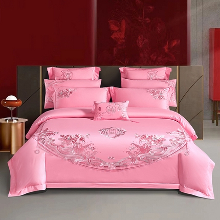 美娘阁 2025新长绒棉贡缎提花款新中式古典韵味精美刺绣粉色系婚庆四件套多件套 迎喜（粉）