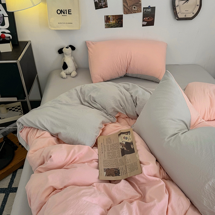 91家纺网 家纺一手货源 找家纺 耀达家居 2025新款纯色A类水洗棉双拼四件套 芭蕾灰粉