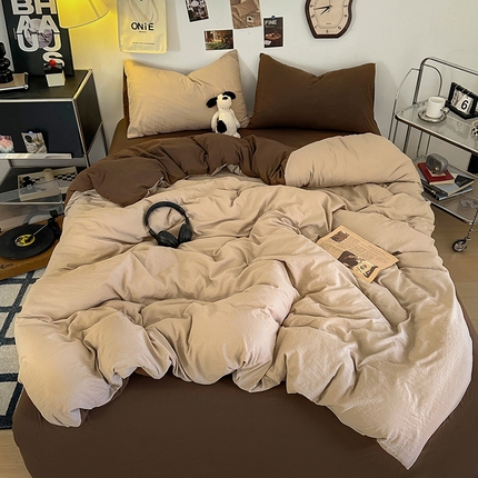 耀达家居 2025新款纯色A类水洗棉双拼四件套 奶茶可可