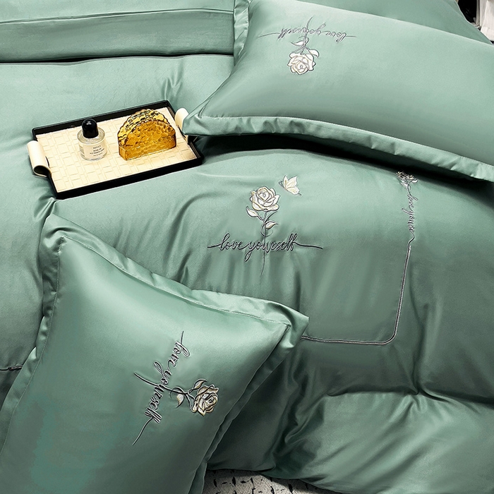 91家纺网 家纺一手货源 找家纺 2025春夏新款春夏新品水洗天丝棉轻奢刺绣四件套-芸伊 宝绿