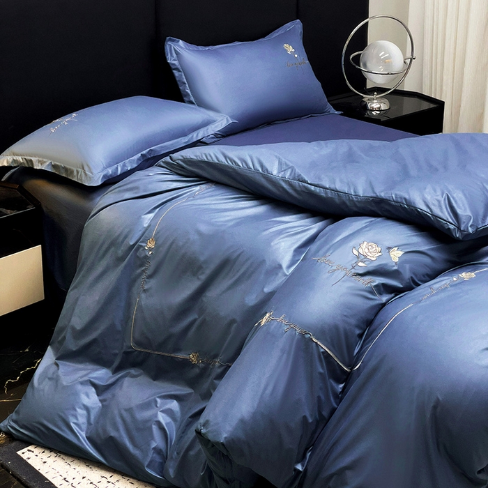 91家纺网 家纺一手货源 找家纺 2025春夏新款春夏新品水洗天丝棉轻奢刺绣四件套-芸伊 蓝