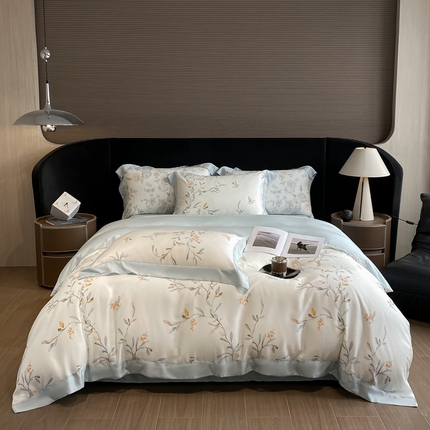 91家纺网 家纺一手货源 找家纺 2025春夏新款简奢款嵌绳莱赛尔数码印花四件套单夏被床笠床单款 清雅 