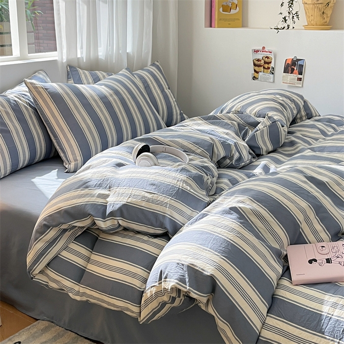 91家纺网 家纺一手货源 找家纺 盛秋家纺 2025新款亲肤格子水洗棉条纹格子四件套【简约风】蓝灰中条+海清