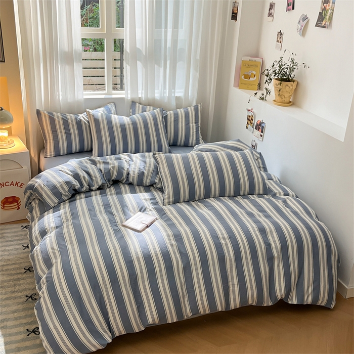 91家纺网 家纺一手货源 找家纺 盛秋家纺 2025新款亲肤格子水洗棉条纹格子四件套【简约风】蓝灰中条+海清