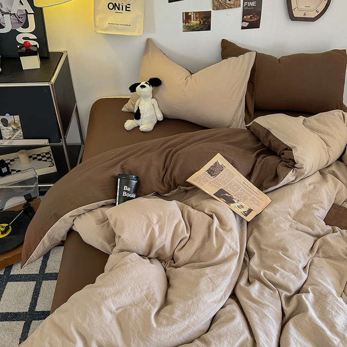 91家纺网 家纺一手货源 找家纺 耀达家居 2025新款纯色A类水洗棉双拼四件套 奶茶可可